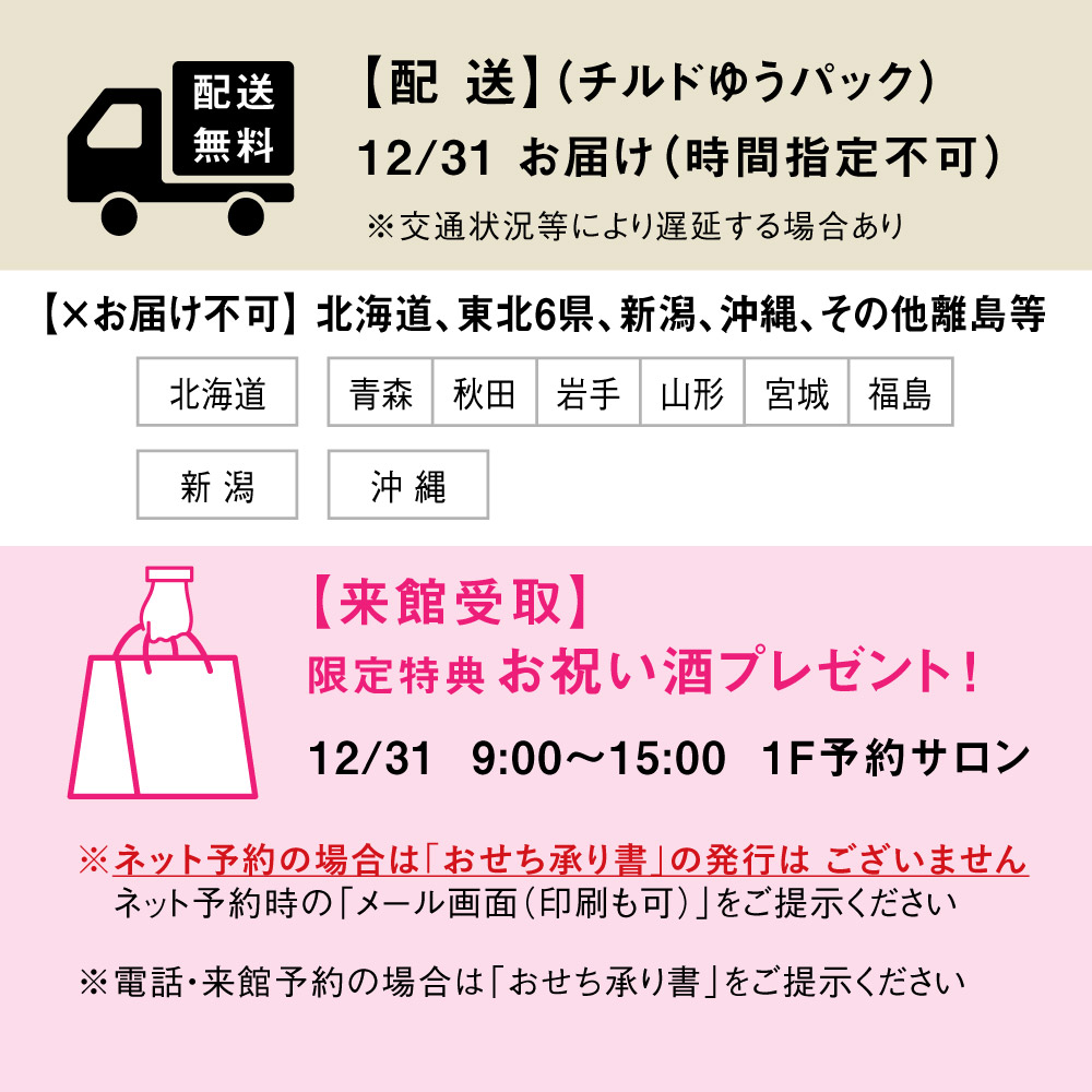 お受取方法●配送無料（クール便）12月31日お届け　時間指定不可。※ただし北海道・東北6県・新潟・沖縄および離島等はお届け出来ません。●来館受取 1F予約サロン 12月31日9:00〜15:00※電話・来館予約の場合は「おせち承り書」をご提示ください。※ネット予約の場合は「おせち承り書」の発行はありません。ネット予約時のメール画面または印刷したものをご提示ください。